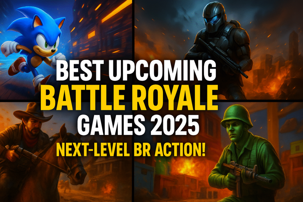 Split-screen digital artwork showcasing characters from upcoming 2025 battle royale games, including Sonic the Hedgehog, a futuristic soldier, a cowboy on horseback, and a green-uniformed soldier, with bold text reading “Best Upcoming Battle Royale Games 2025 – Next-Level BR Action!”