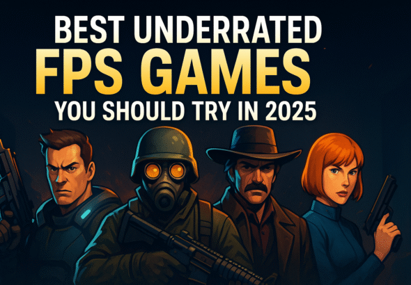 Four characters from underrated FPS games with bold title text 'Best Underrated FPS Games You Should Try in 2025' on a dark futuristic background