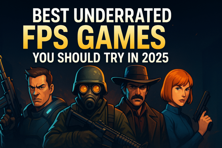 Four characters from underrated FPS games with bold title text 'Best Underrated FPS Games You Should Try in 2025' on a dark futuristic background