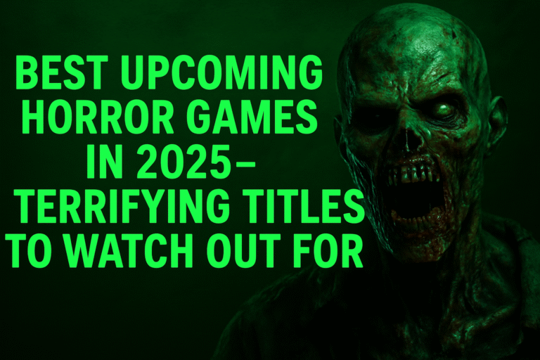“Thumbnail for ‘Best Upcoming Horror Games in 2025 – Terrifying Titles to Watch Out For’ featuring a neonic-green 3D-textured background, center-aligned title, and small icons of Resident Evil, Silent Hill, and Dead by Daylight.”