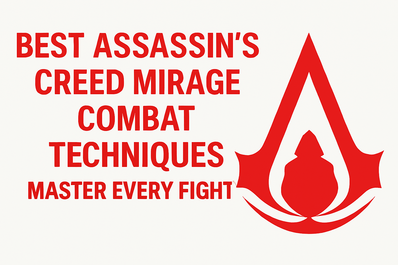 "Ultra-HD 16:9 thumbnail featuring a white background, bold red centered text reading 'Best Assassin’s Creed Mirage Combat Techniques – Master Every Fight,' with an Assassin’s Creed silhouette for a striking visual impact."