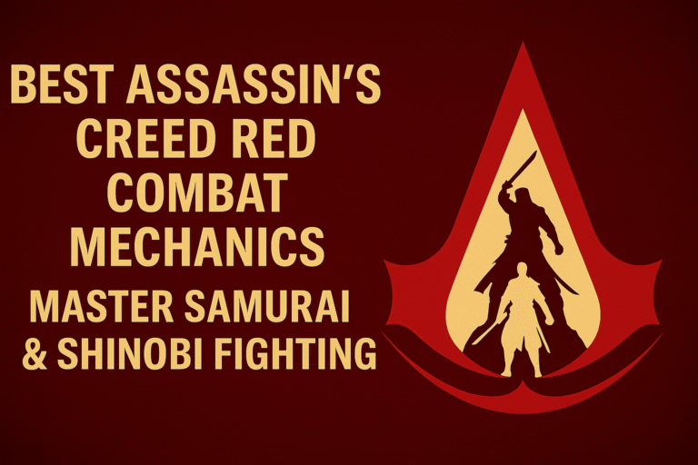 "Ultra-HD 16:9 thumbnail featuring a Samurai and Shinobi combat theme from Assassin’s Creed Red, set against a bold, textured background with centered text."