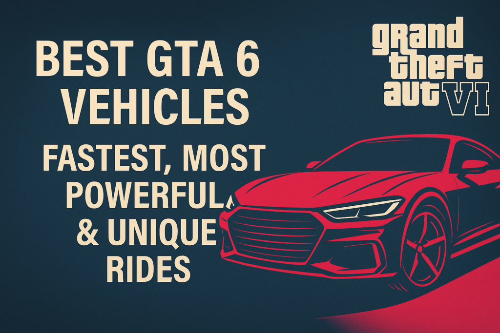 "Ultra-HD 16:9 thumbnail showcasing the fastest, most powerful, and unique rides in GTA 6, featuring a dynamic textured background and bold typography."