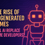 The rise of AI-generated games: Will AI replace game developers? A neon-outlined robot on a dark circuit board background.