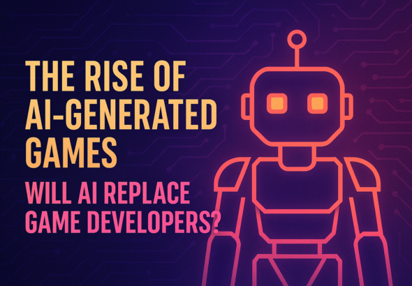 The rise of AI-generated games: Will AI replace game developers? A neon-outlined robot on a dark circuit board background.