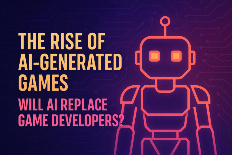 The rise of AI-generated games: Will AI replace game developers? A neon-outlined robot on a dark circuit board background.