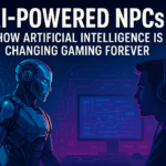 A futuristic AI-powered NPC interacting with a human player inside a neon-lit gaming environment, representing advanced artificial intelligence in modern video games