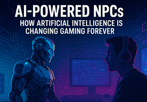 A futuristic AI-powered NPC interacting with a human player inside a neon-lit gaming environment, representing advanced artificial intelligence in modern video games