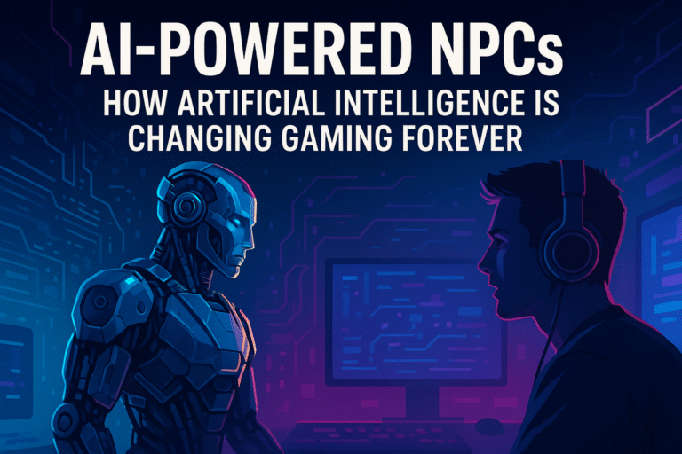 A futuristic AI-powered NPC interacting with a human player inside a neon-lit gaming environment, representing advanced artificial intelligence in modern video games