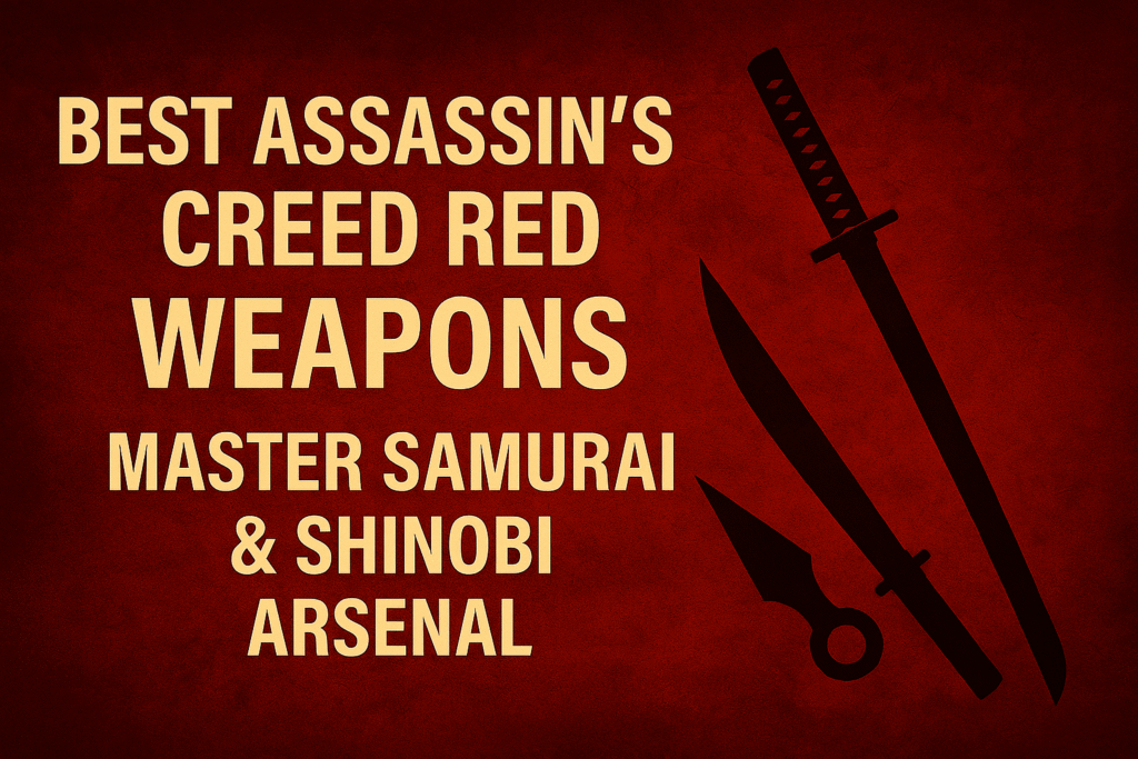 "Ultra-HD 16:9 thumbnail featuring a crimson-textured background with stylized samurai and shinobi weapon silhouettes, symbolizing the deadly arsenal of Assassin’s Creed Red."