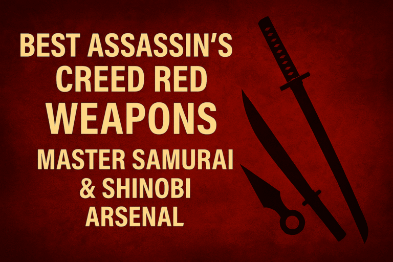 "Ultra-HD 16:9 thumbnail featuring a crimson-textured background with stylized samurai and shinobi weapon silhouettes, symbolizing the deadly arsenal of Assassin’s Creed Red."