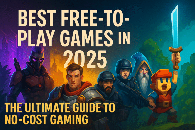 A vibrant digital banner showcasing characters from various free-to-play games with the bold title "Best Free-to-Play Games in 2025 – The Ultimate Guide to No-Cost Gaming".