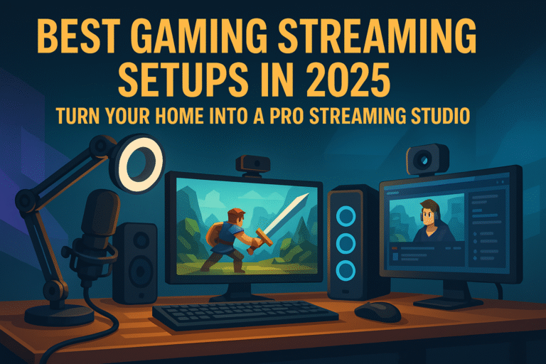A professional gaming streaming setup illustration featuring dual monitors, a ring light, studio microphone, speakers, and webcam, showcasing a high-end home studio environment for streamers in 2025.