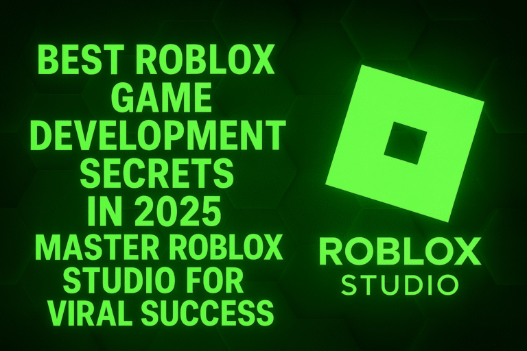 "Ultra-HD 16:9 thumbnail with a dynamic 3D neon green background, featuring bold, centered typography highlighting the best Roblox Studio game development secrets of 2025."