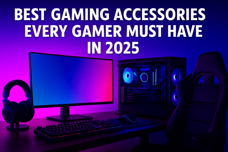 A modern RGB gaming setup featuring a monitor, mechanical keyboard, gaming mouse, headset, gaming chair, and custom PC build, under vibrant purple and blue lighting with text reading 'Best Gaming Accessories Every Gamer Must Have in 2025