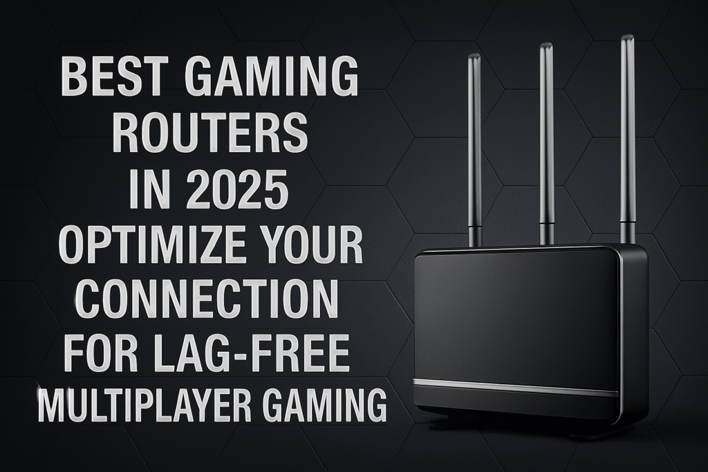 - "Ultra-HD 16:9 thumbnail featuring a high-performance gaming router with a black and metallic silver theme, set against a sharp 3D textured background, optimizing connection for lag-free multiplayer gaming."