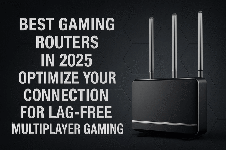 - "Ultra-HD 16:9 thumbnail featuring a high-performance gaming router with a black and metallic silver theme, set against a sharp 3D textured background, optimizing connection for lag-free multiplayer gaming."