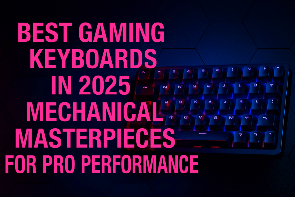 "Ultra-HD 16:9 thumbnail featuring a mechanical gaming keyboard centered on a dark-metallic, 4D-textured backdrop with glowing neonic pink and blue accents, headline text positioned above the board for unobstructed readability."v