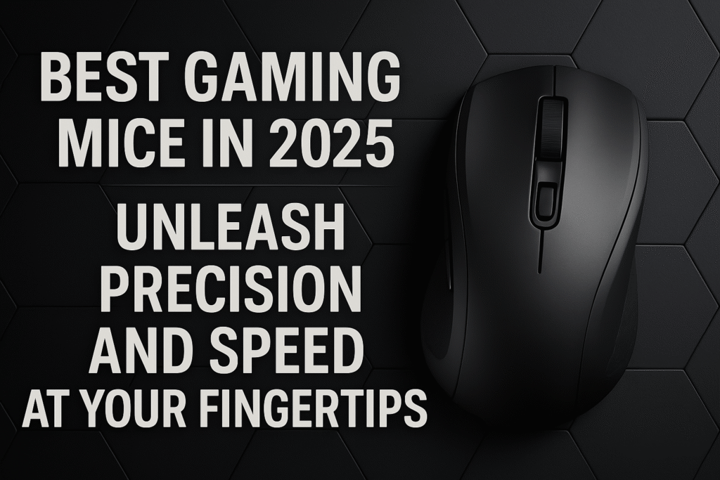 “Ultra-HD 16:9 thumbnail showing a precision gaming mouse positioned on the right side against a dark, metallic-grey 3D-textured background, with bold headline text on the left for a professional balanced composition.”