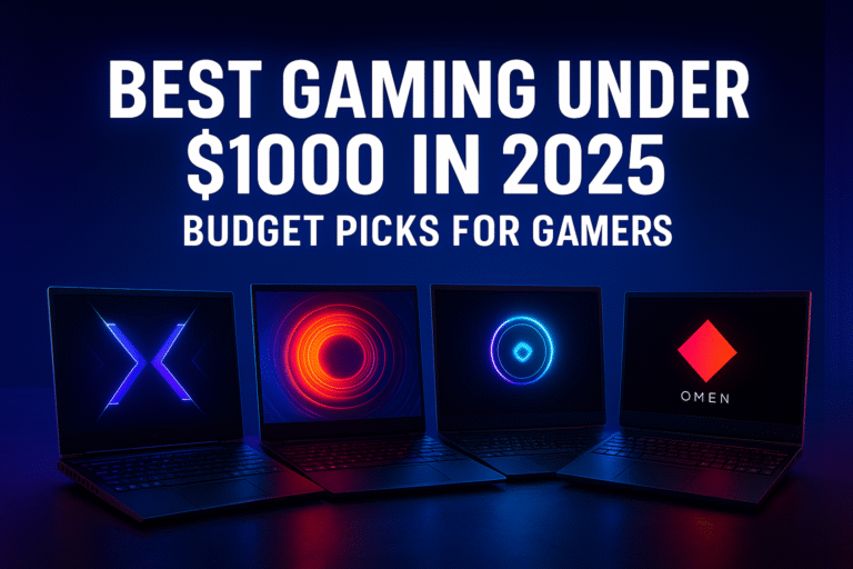 A digital banner featuring four budget gaming laptops under $1000 for 2025, displayed against a vibrant blue and purple background with glowing screens and bold headline text.