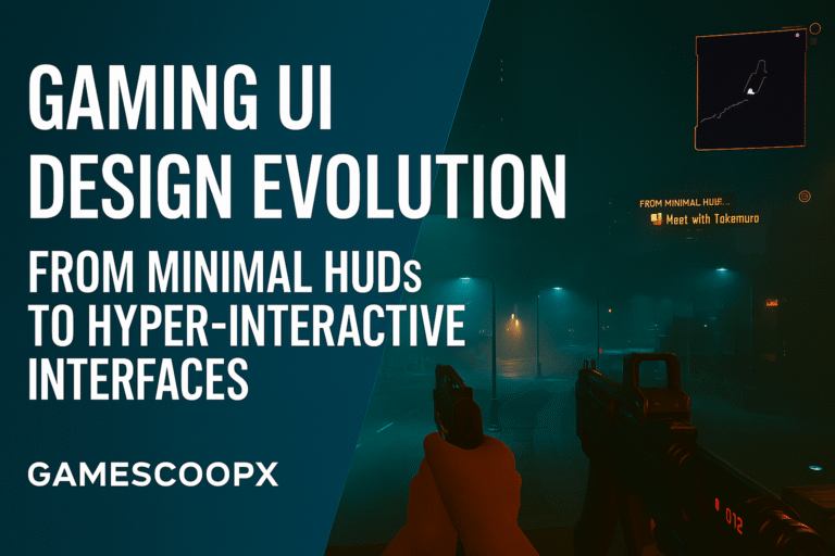 Gaming UI Design Evolution thumbnail featuring futuristic HUD overlays, adaptive interface elements, and minimal-to-advanced UI transitions in 16:9 format.