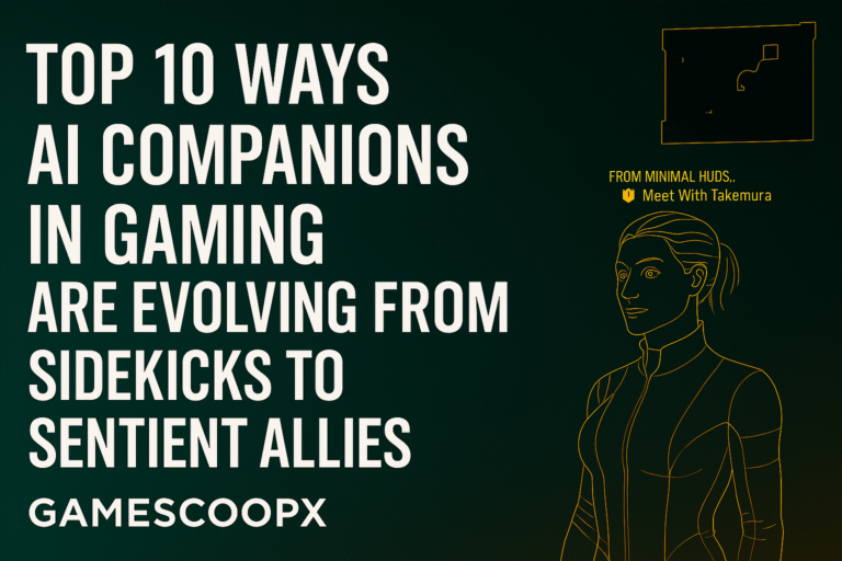 AI companions in gaming thumbnail with futuristic sidekick interface, holographic visuals, and centered typography in 16:9 resolution.