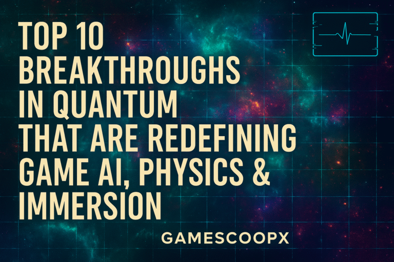 “Quantum gaming thumbnail with glowing glitch overlays, quantum circuit grids, and futuristic center-aligned typography in 16:9 resolution.”