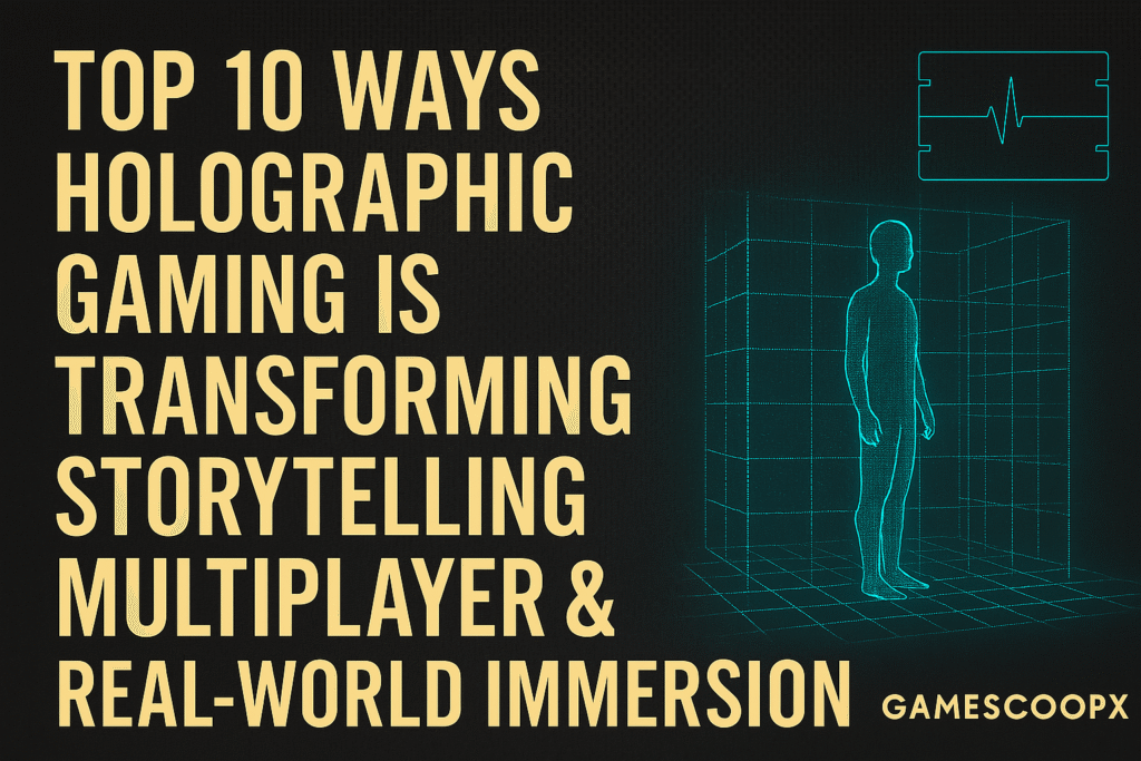 Holographic gaming thumbnail featuring glowing 3D grids, carbon fiber textured background, and centered futuristic typography in 16:9 aspect ratio.