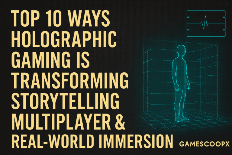 Holographic gaming thumbnail featuring glowing 3D grids, carbon fiber textured background, and centered futuristic typography in 16:9 aspect ratio.