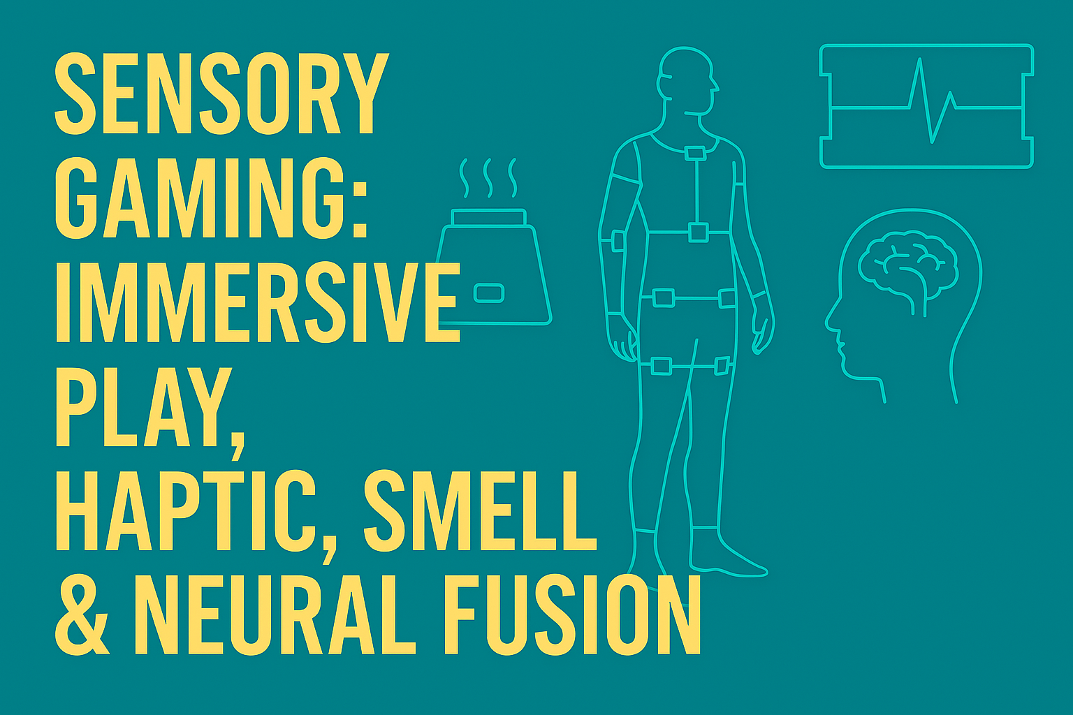 Sensory gaming thumbnail featuring haptic suit visuals, scent emitter icon, and neural feedback HUD on a vibrant immersive background in 16:9 ratio.