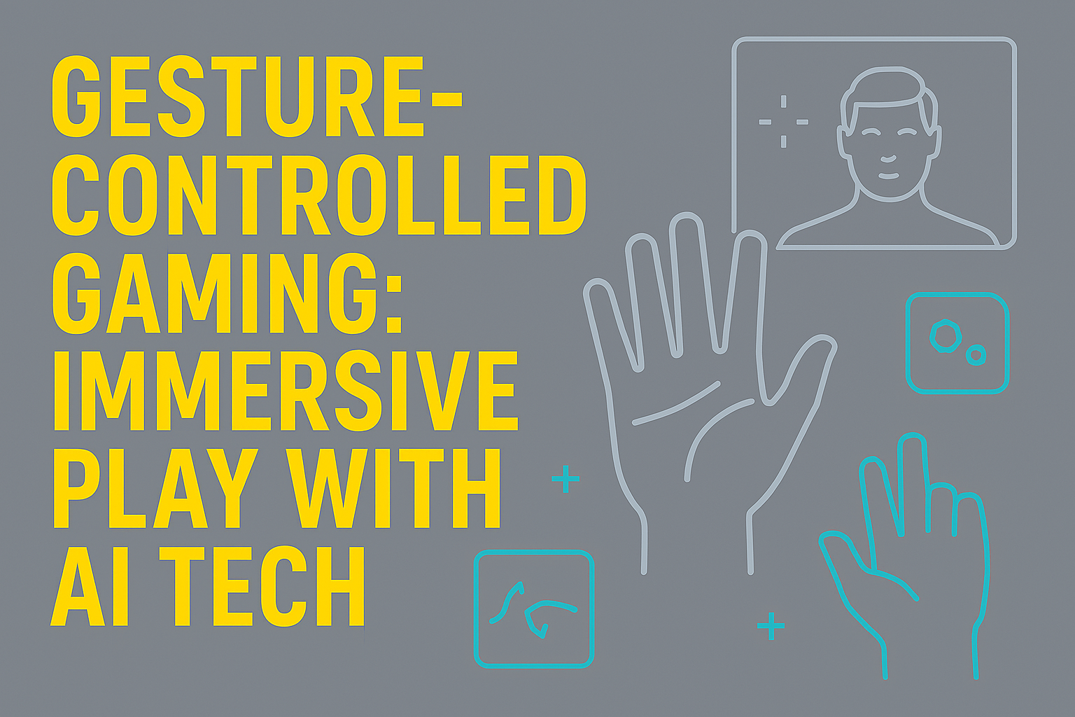 Gesture-controlled gaming thumbnail featuring AI hand tracking overlays, motion sensor visuals, and a sleek grey background in 16:9 format.