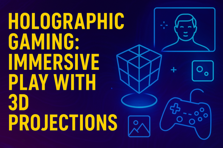 Holographic gaming thumbnail featuring floating 3D projections, spatial interface grids, and a multicolored futuristic background in 16:9 format.