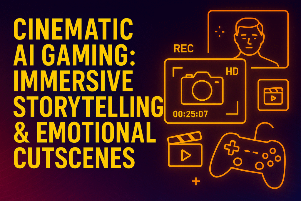 Cinematic AI gaming thumbnail with intelligent camera angles, emotion-driven cutscene visuals, and a richly textured color-graded background in 16:9 format.”