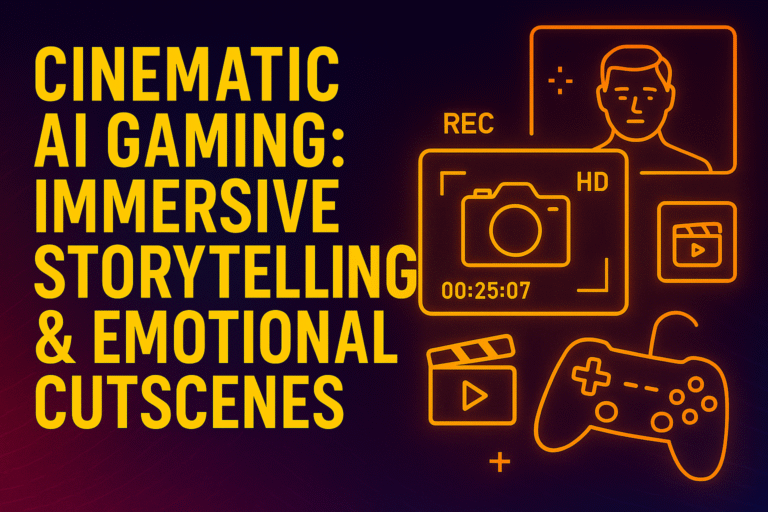 Cinematic AI gaming thumbnail with intelligent camera angles, emotion-driven cutscene visuals, and a richly textured color-graded background in 16:9 format.”