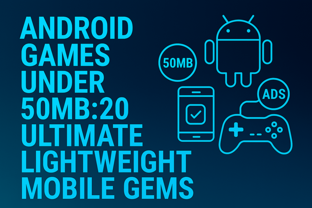 Thumbnail showcasing android games under 50MB with lightweight icons, mobile-friendly UI design, and sleek color gradients in 16:9 format.”