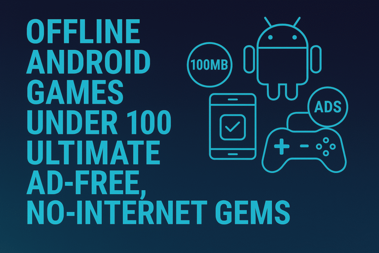 Thumbnail for offline android games under 100MB featuring low-MB game icons, no-internet badge, and a 7D textured gradient background in 16:9 format.