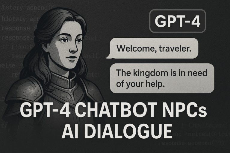 GPT-4 Chatbot NPCs thumbnail with grey gradient, AI code layers, dynamic dialogue bubbles, and futuristic 7D textured background in 16:9 format.