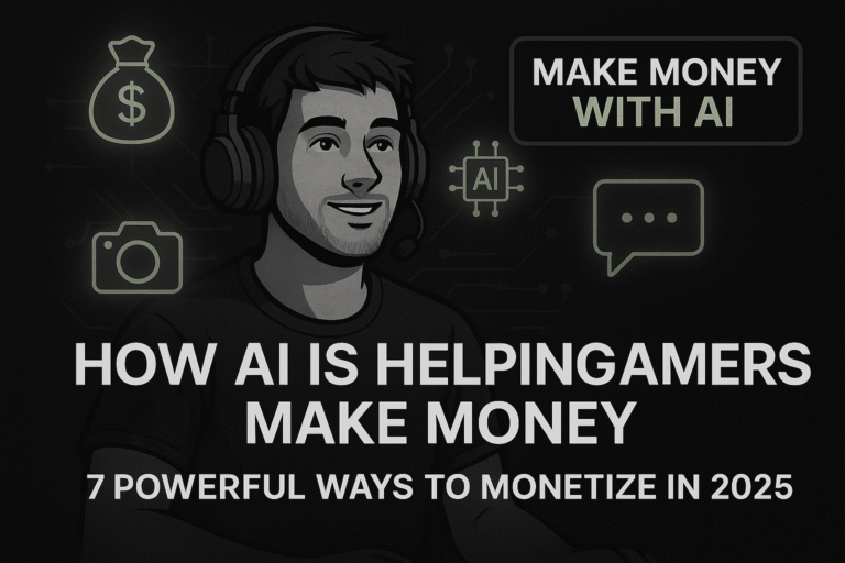 Thumbnail for how AI is helping gamers make money featuring a gamer headset, currency icons, AI symbols, and a dark-mode 7D textured background in 16:9 ratio.