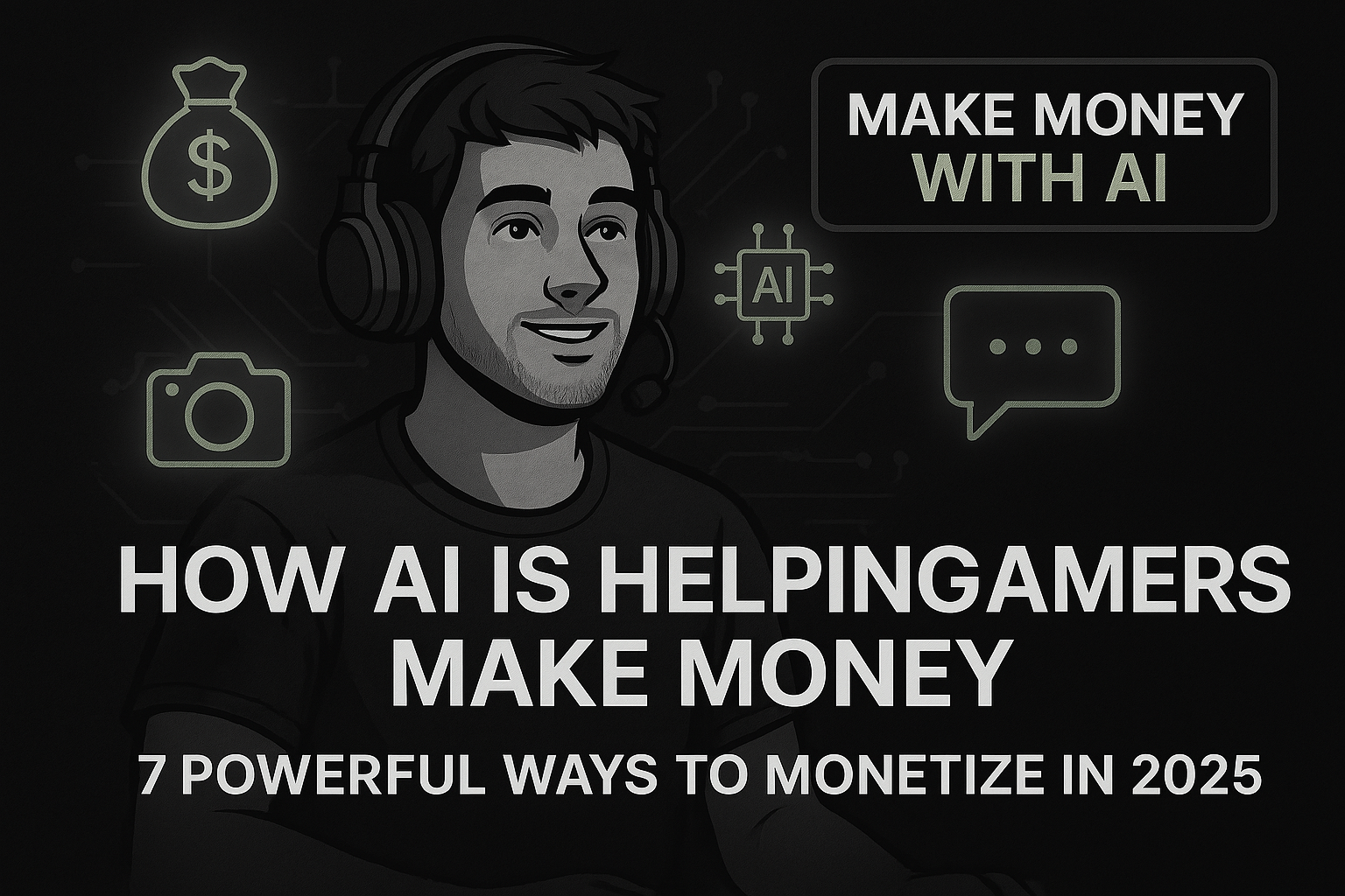Thumbnail for how AI is helping gamers make money featuring a gamer headset, currency icons, AI symbols, and a dark-mode 7D textured background in 16:9 ratio.