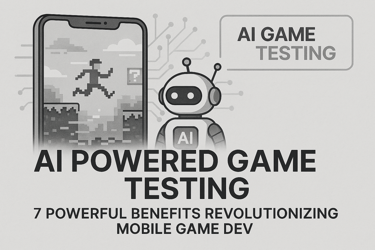 AI Powered Game Testing thumbnail showing a mobile game screen with glitch detection overlay, white-violet gradient, and subtle 7D texture in 16:9 ratio.”