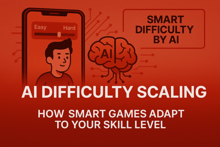 “AI Difficulty Scaling in Mobile Games thumbnail with red-orange gradient, skill-level slider on a mobile screen, AI brain icon, and 7D textured background in 16:9 ratio.”