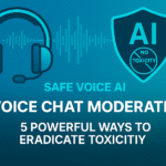 “AI Voice Chat Moderation Gaming thumbnail with gaming headset, real-time voice waveforms, shield icon, and neonic blue 7D textured background in 16:9 format.”