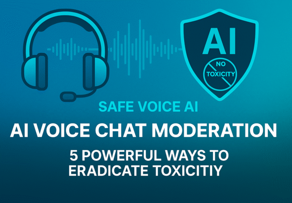 “AI Voice Chat Moderation Gaming thumbnail with gaming headset, real-time voice waveforms, shield icon, and neonic blue 7D textured background in 16:9 format.”