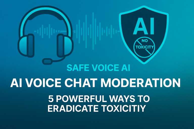 “AI Voice Chat Moderation Gaming thumbnail with gaming headset, real-time voice waveforms, shield icon, and neonic blue 7D textured background in 16:9 format.”