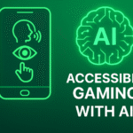 “How AI Is Making Mobile Games More Accessible thumbnail with accessibility icons (voice, vision, touch), glowing AI brain icon, and neonic green 7D textured background in 16:9 format.”