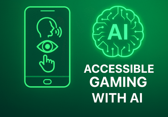 “How AI Is Making Mobile Games More Accessible thumbnail with accessibility icons (voice, vision, touch), glowing AI brain icon, and neonic green 7D textured background in 16:9 format.”