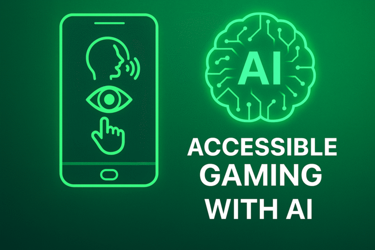 “How AI Is Making Mobile Games More Accessible thumbnail with accessibility icons (voice, vision, touch), glowing AI brain icon, and neonic green 7D textured background in 16:9 format.”