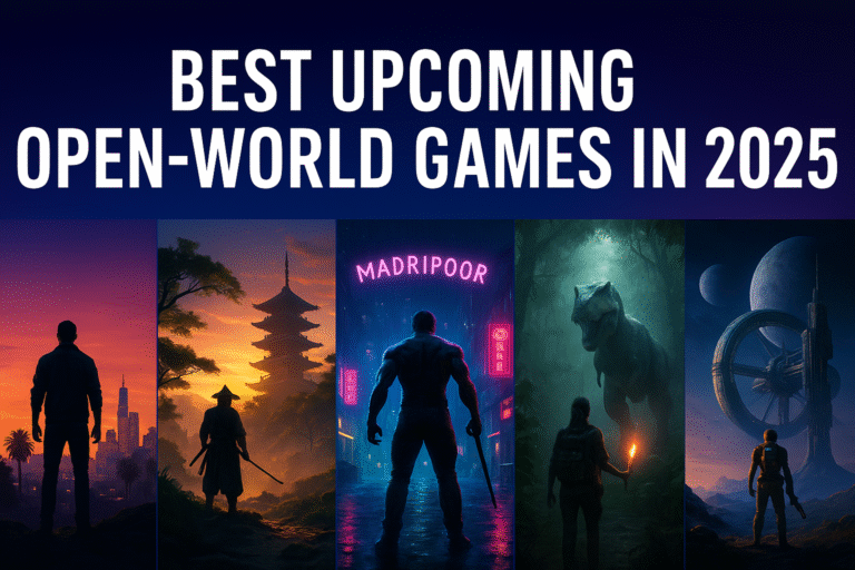 A digital promotional banner showcasing five upcoming open-world games in 2025, with a bold title at the top and vibrant scenes from each game including a futuristic city, feudal Japan, a neon-lit street, a dinosaur jungle, and outer space.