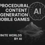 AI procedural content generation mobile games thumbnail with center-aligned title text, glowing AI brain icon, endless data block terrain, and futuristic black-grey 7D textured background in 16:9 format.