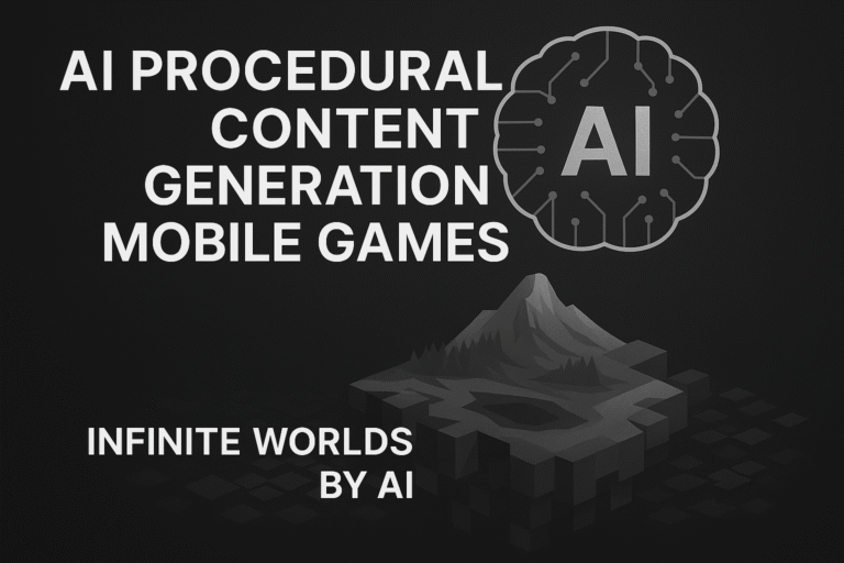 AI procedural content generation mobile games thumbnail with center-aligned title text, glowing AI brain icon, endless data block terrain, and futuristic black-grey 7D textured background in 16:9 format.